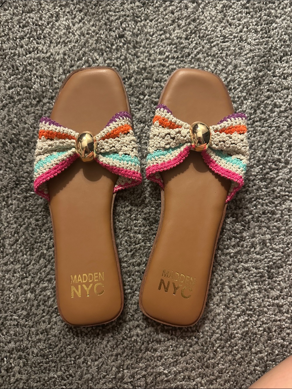 Madden NYC Women’s Tan Slide Sandals with Multicolor Crochet Bow